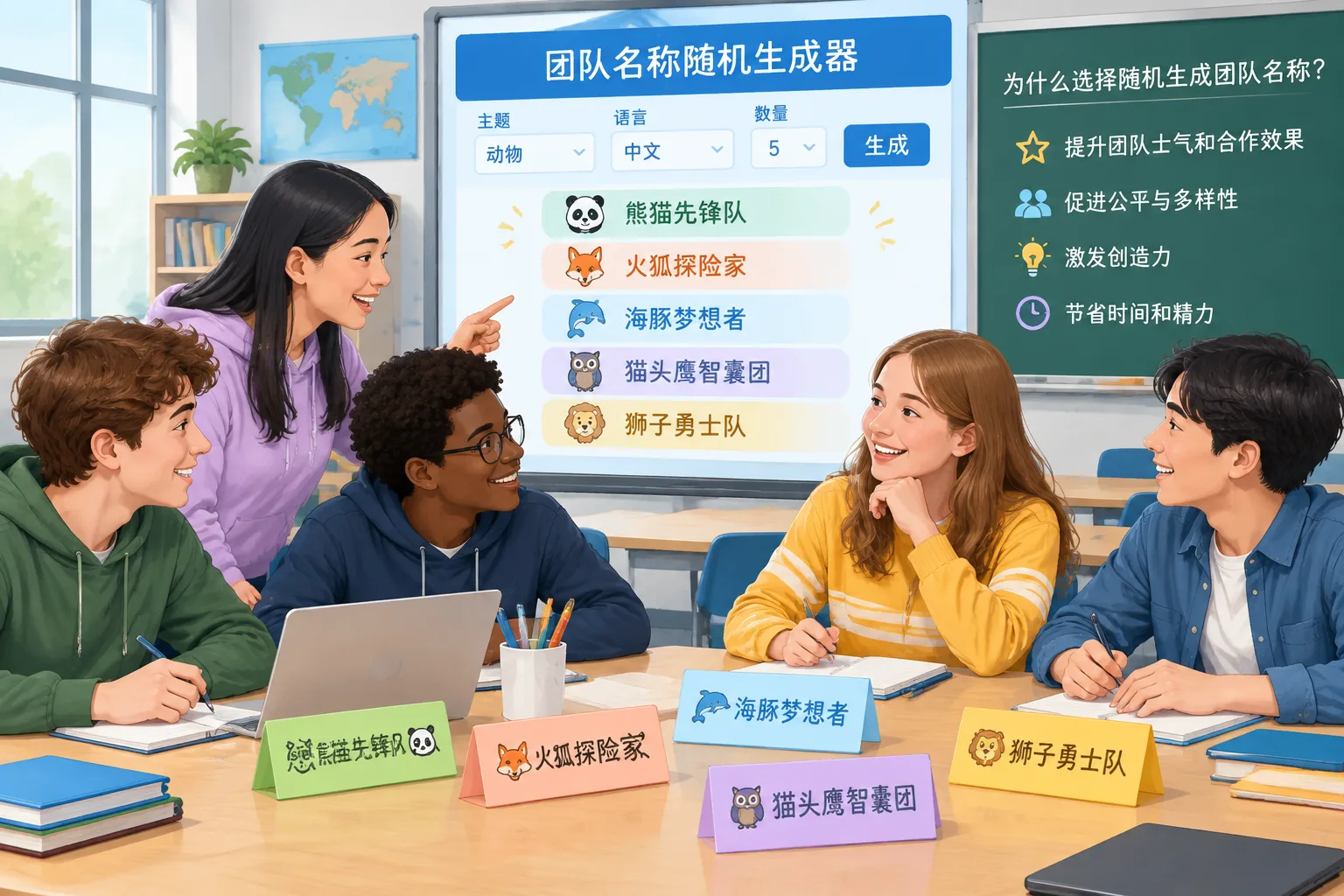 illustration of diverse team names generated randomly in a classroom setting
