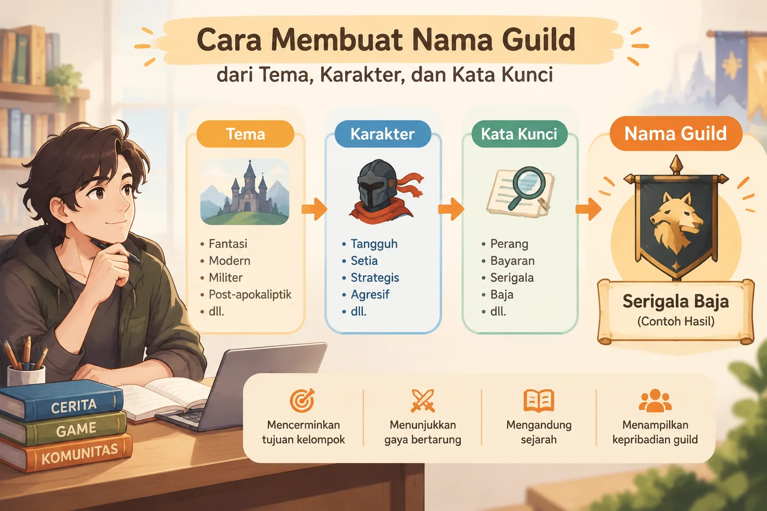 ilustrasi diagram sederhana yang menunjukkan proses membuat nama guild dari tema