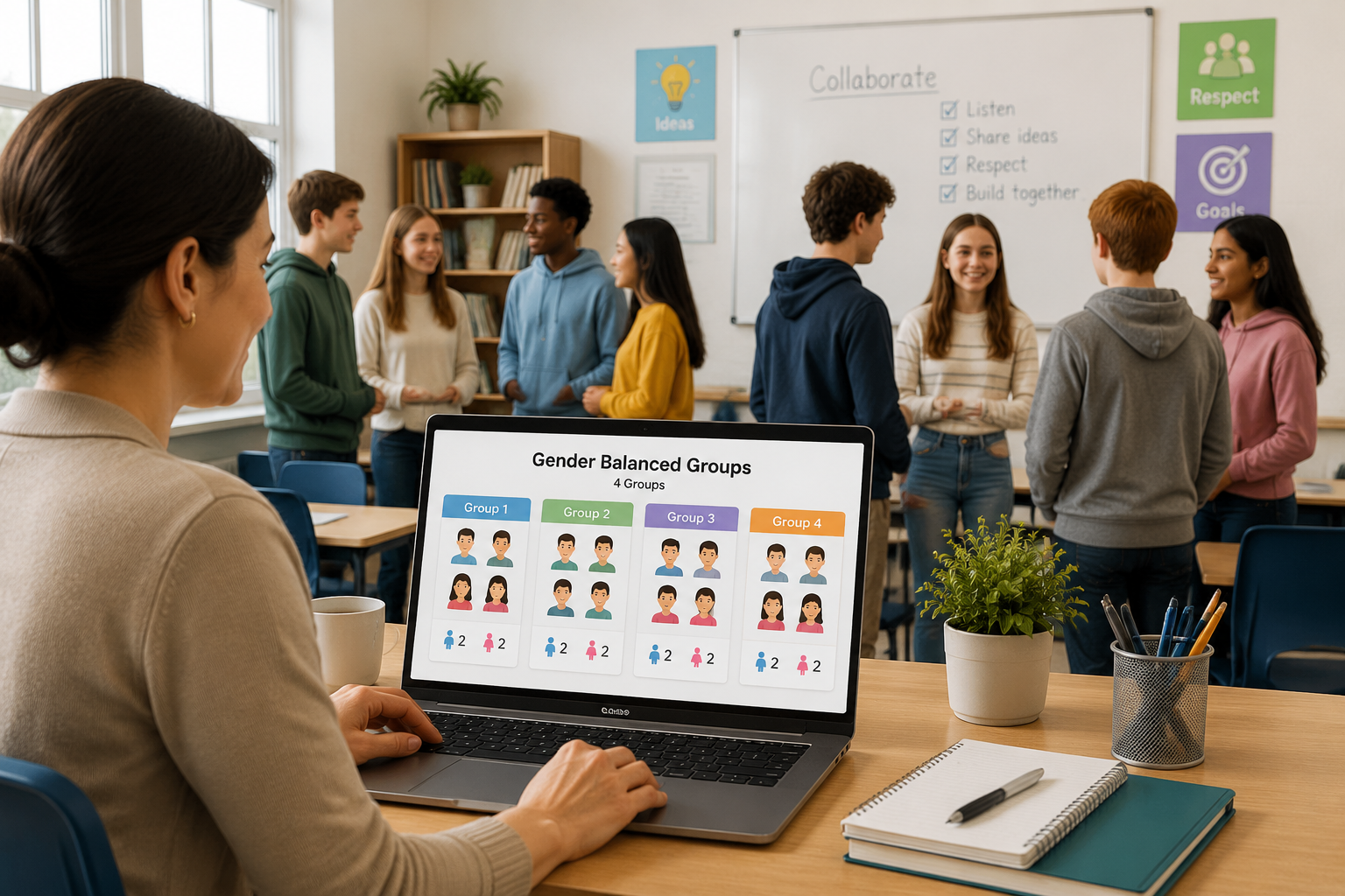 Teacher at laptop displaying a gender-balanced team split on screen, while students stand in mixed groups in the background.