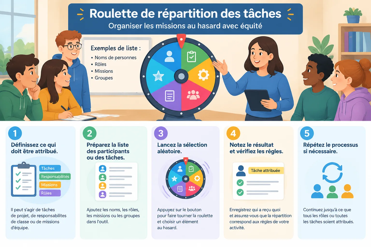 Schéma simple montrant les étapes préparer la liste lancer la roulette et attribuer les tâches