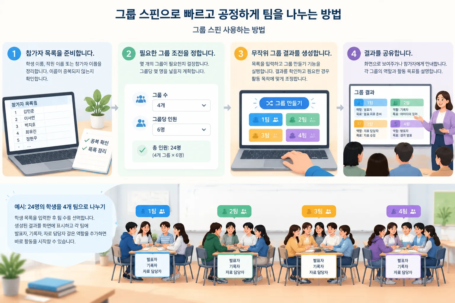 참가자 목록 입력부터 그룹 결과 확인까지 이어지는 단계별 작업 흐름 그림