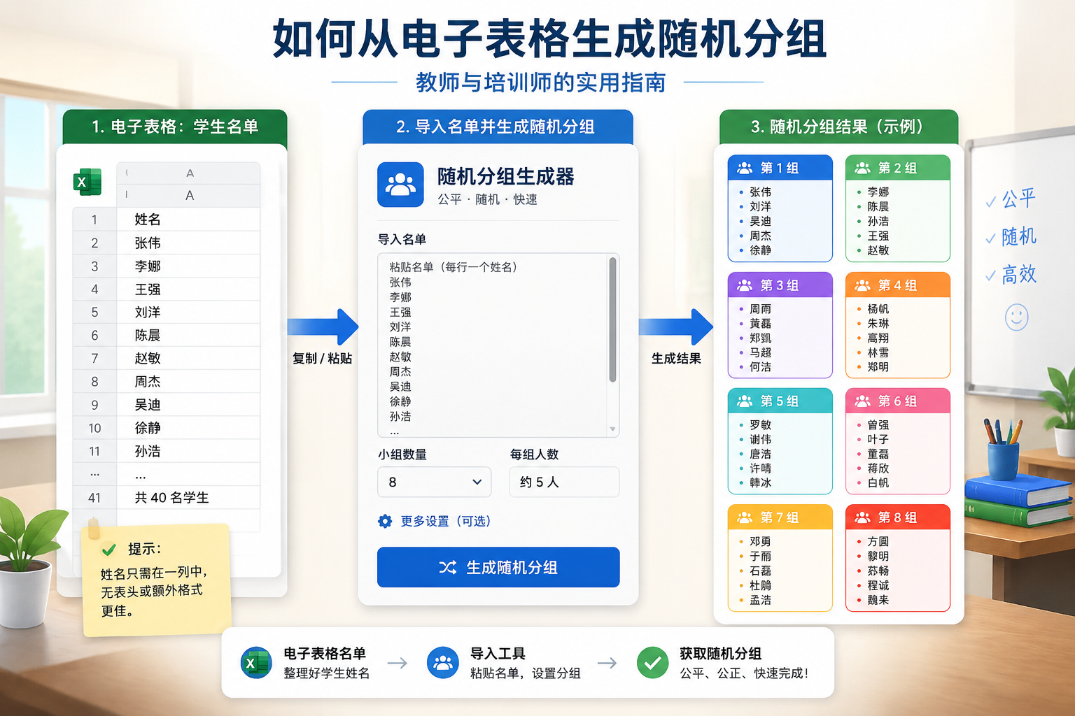 A clean instructional illustration showing a spreadsheet with student names on the left and a random group generator interface on the right, with arrows indicating the import process and colorful group badges as output.