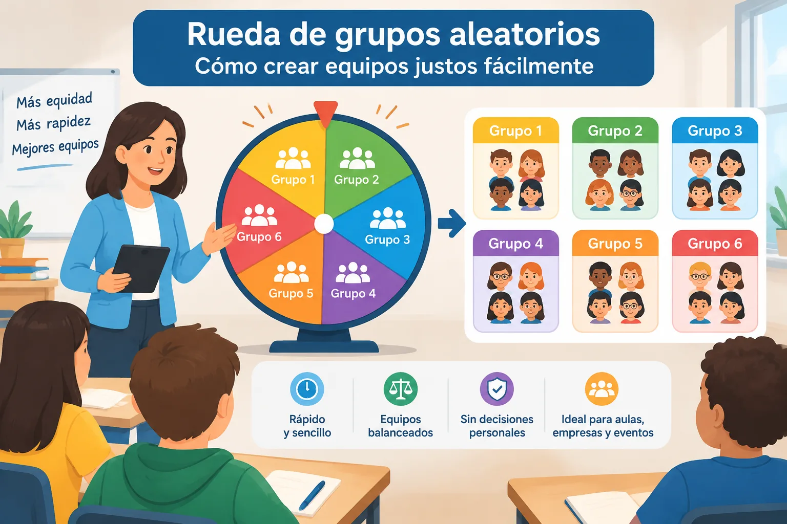 Diagrama educativo de una rueda de selección aleatoria que divide participantes en varios grupos equ