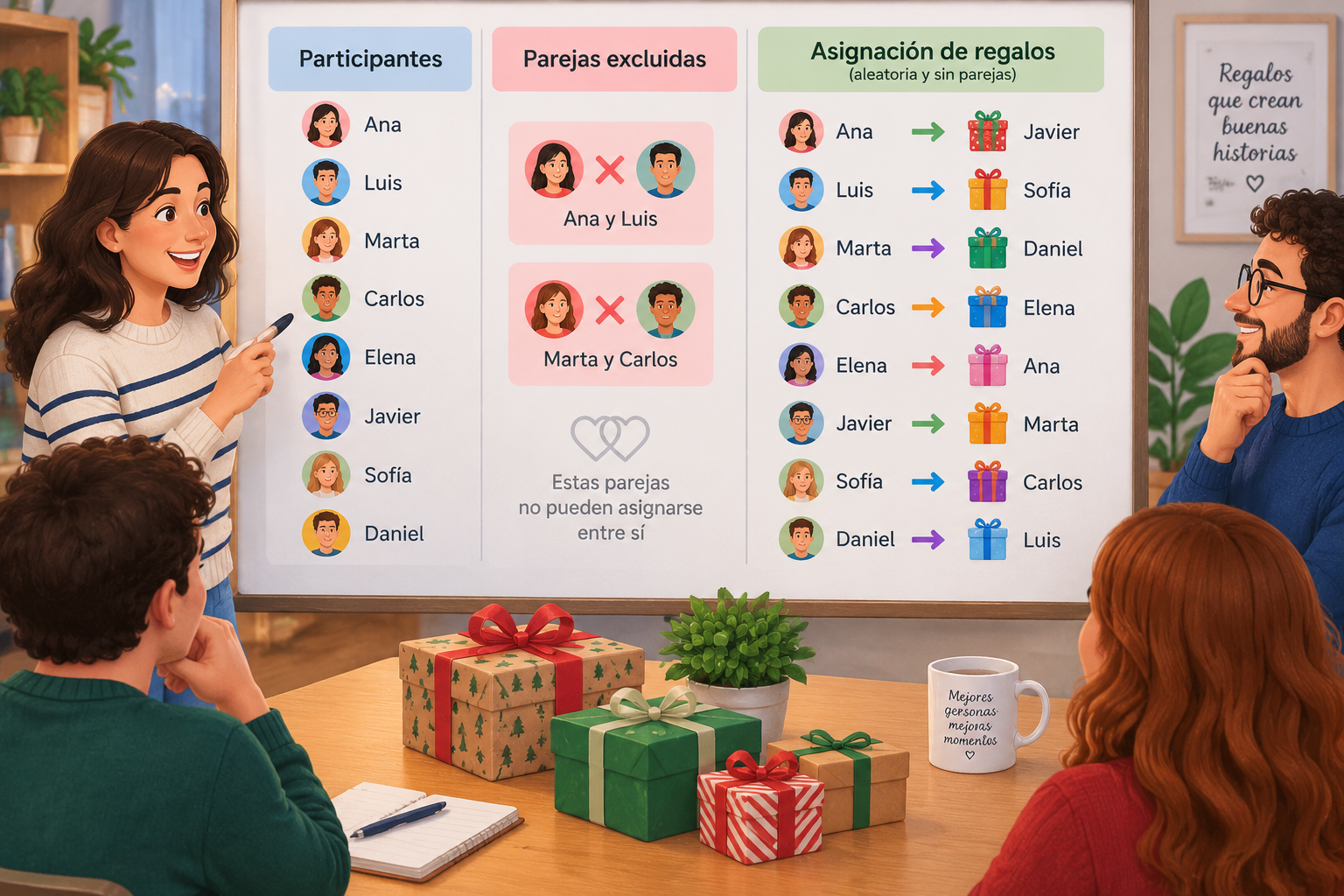 Ilustración educativa de una cuadrícula de participantes con parejas bloqueadas y asignaciones aleat