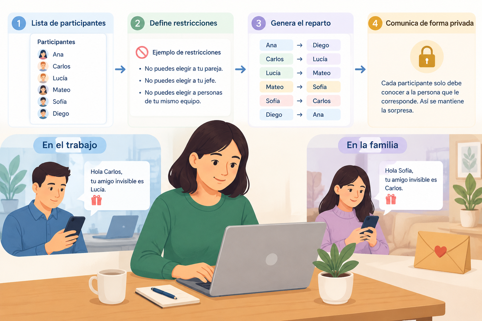 Diagrama sencillo de pasos para organizar un amigo invisible con lista de participantes