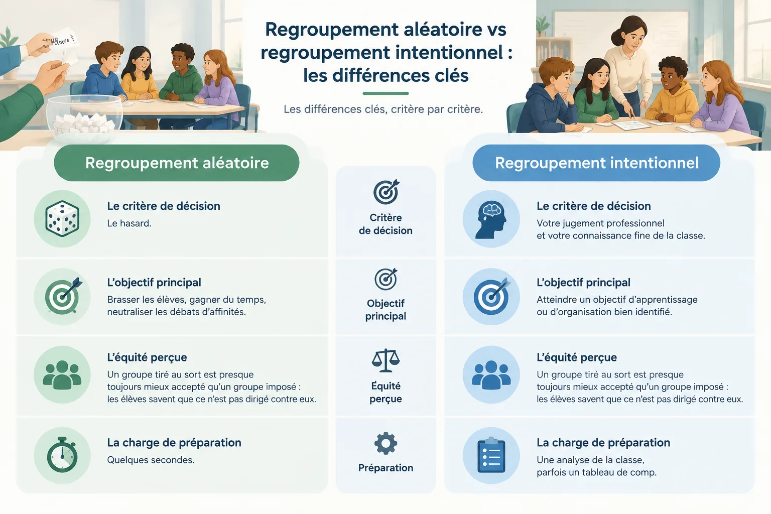diagramme comparatif en deux colonnes montrant regroupement aléatoire et regroupement intentionnel a