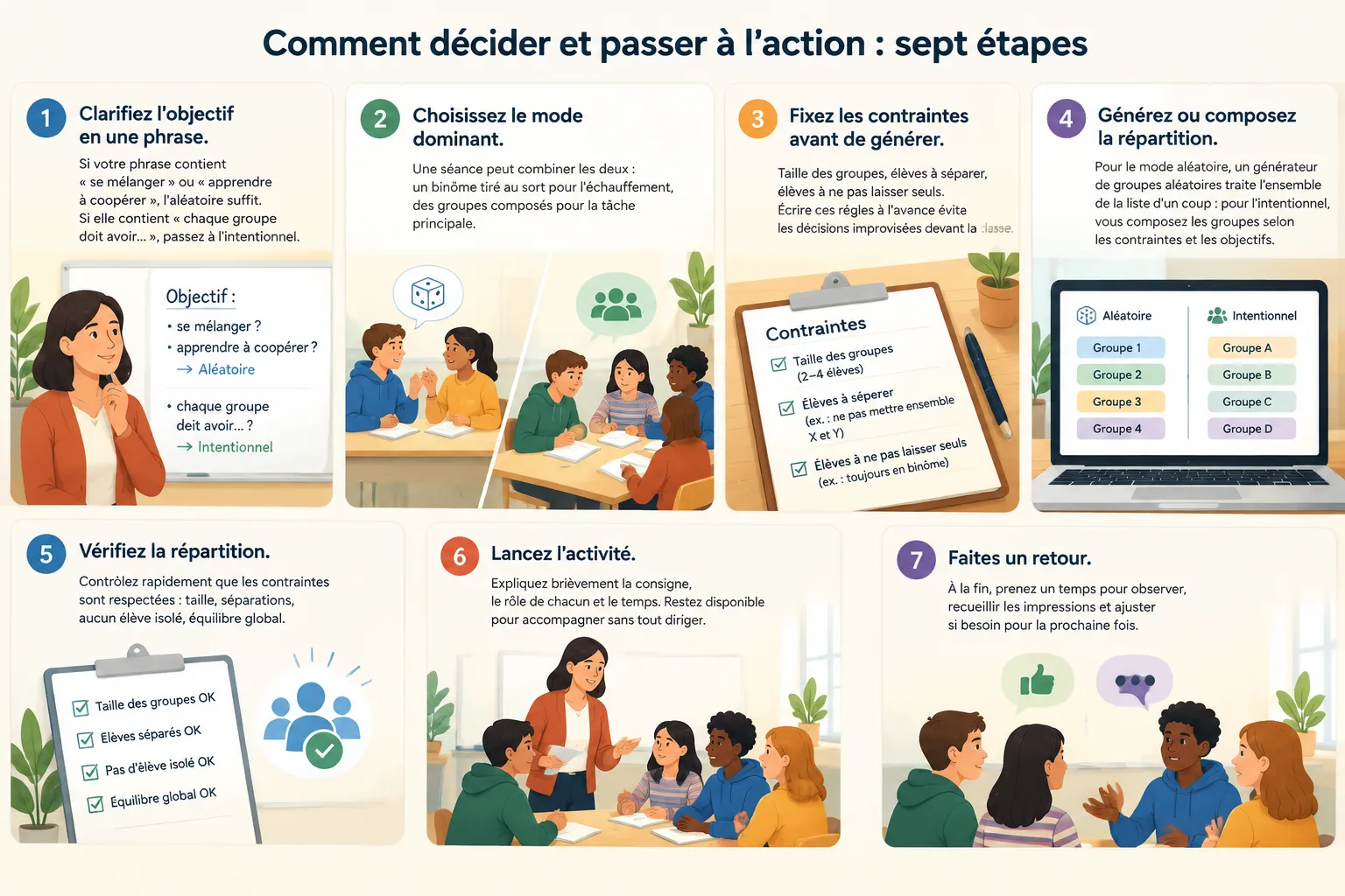 infographie en sept étapes montrant la décision entre regroupement aléatoire et regroupement intenti