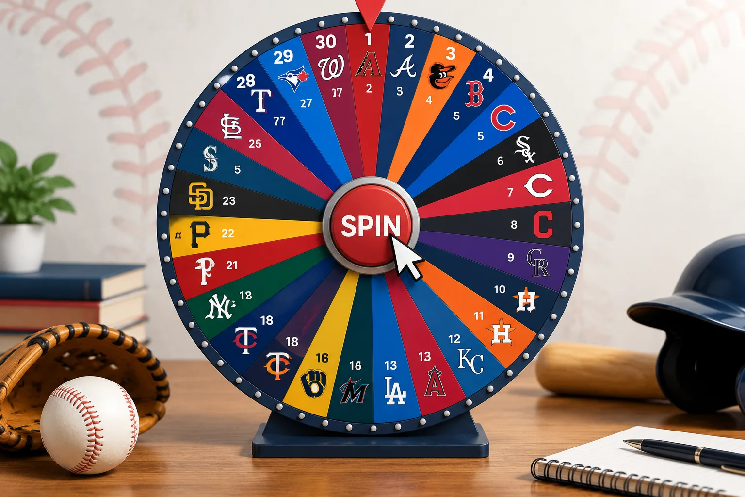 clean instructional illustration of a spinning wheel split into thirty numbered wedges