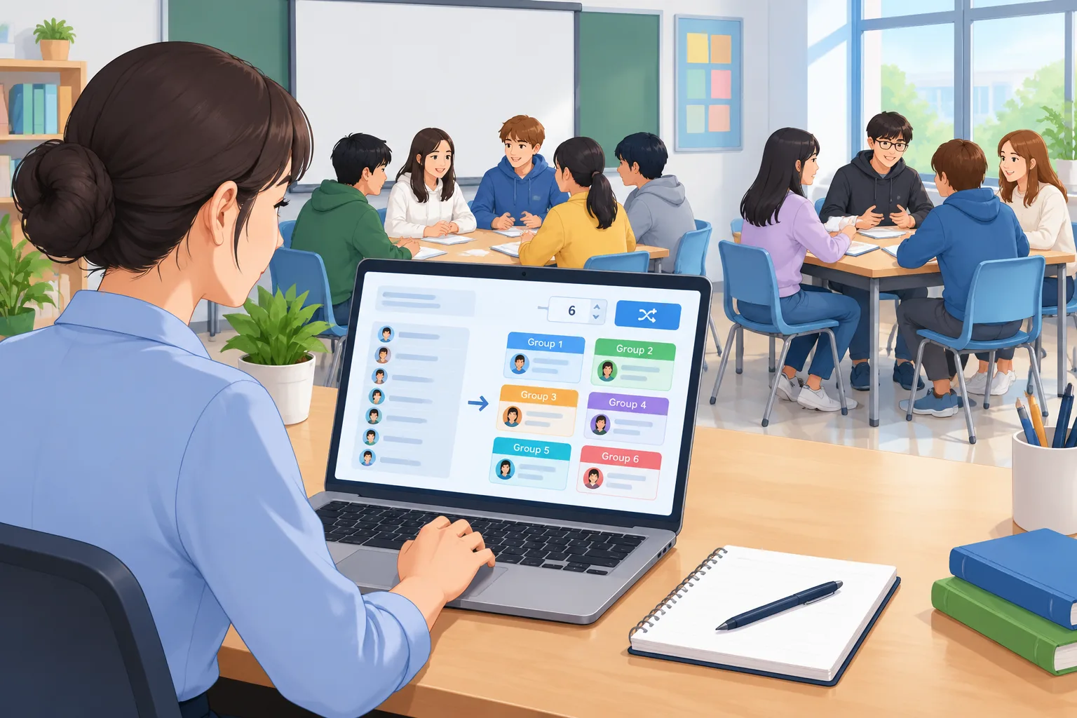 Teacher using laptop to randomly assign students into groups