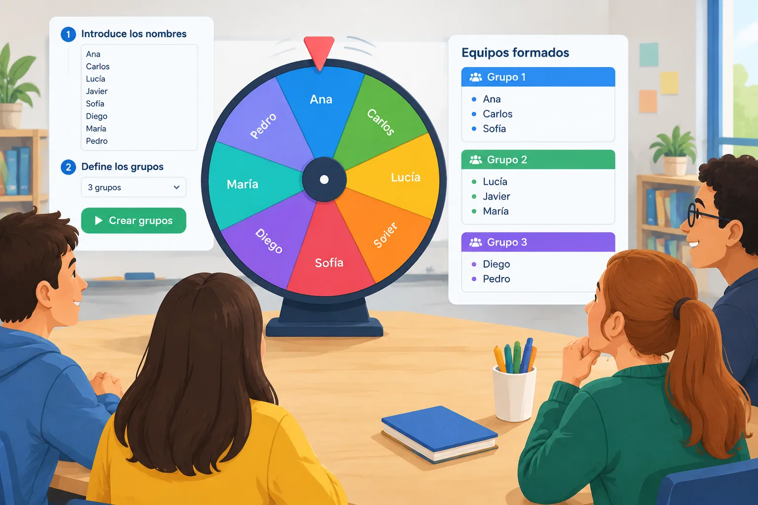 Ilustración educativa de una rueda digital que divide nombres de participantes en grupos equilibrado