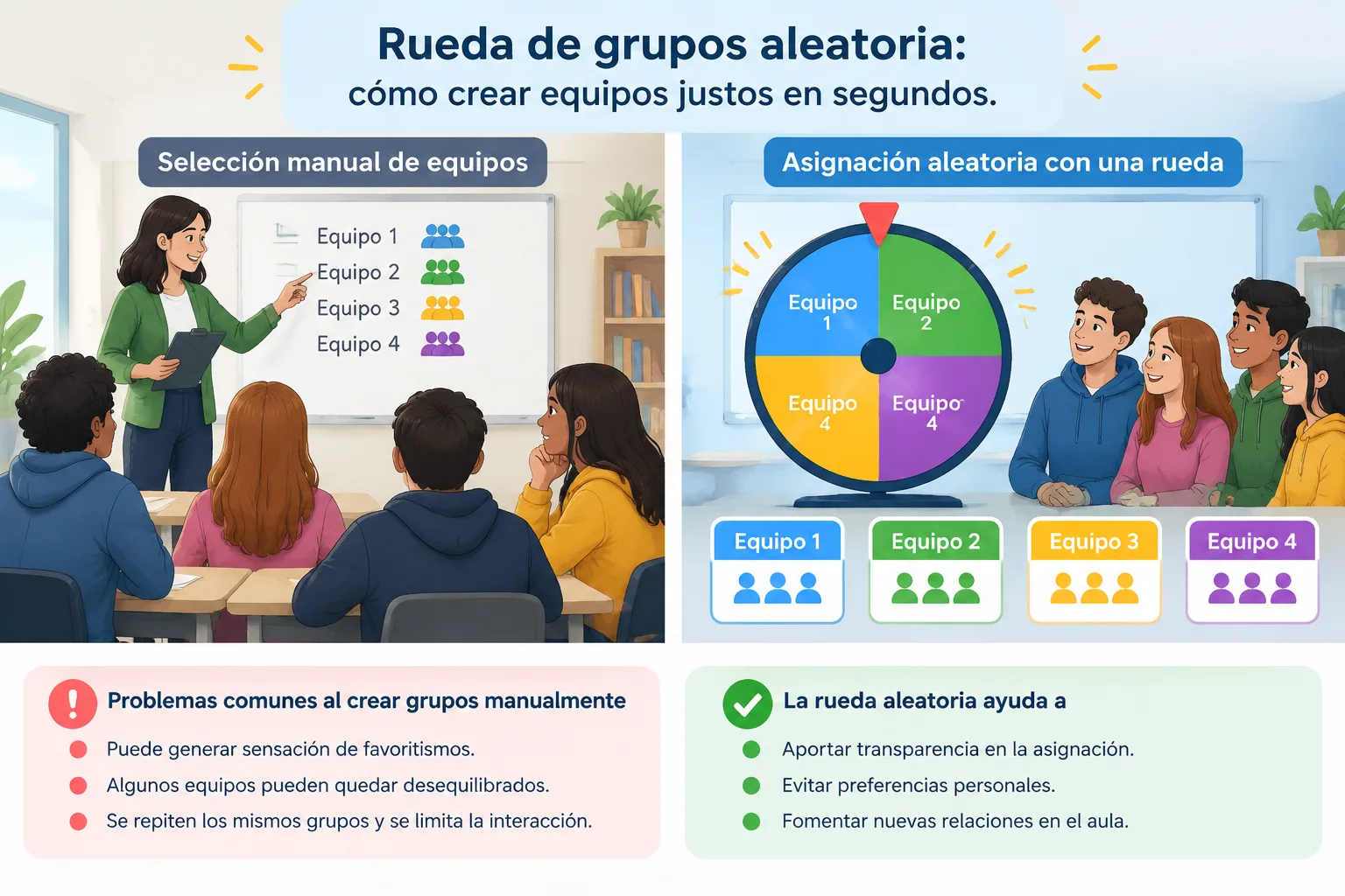 Infografía simple comparando selección manual de equipos con asignación aleatoria mediante una rueda
