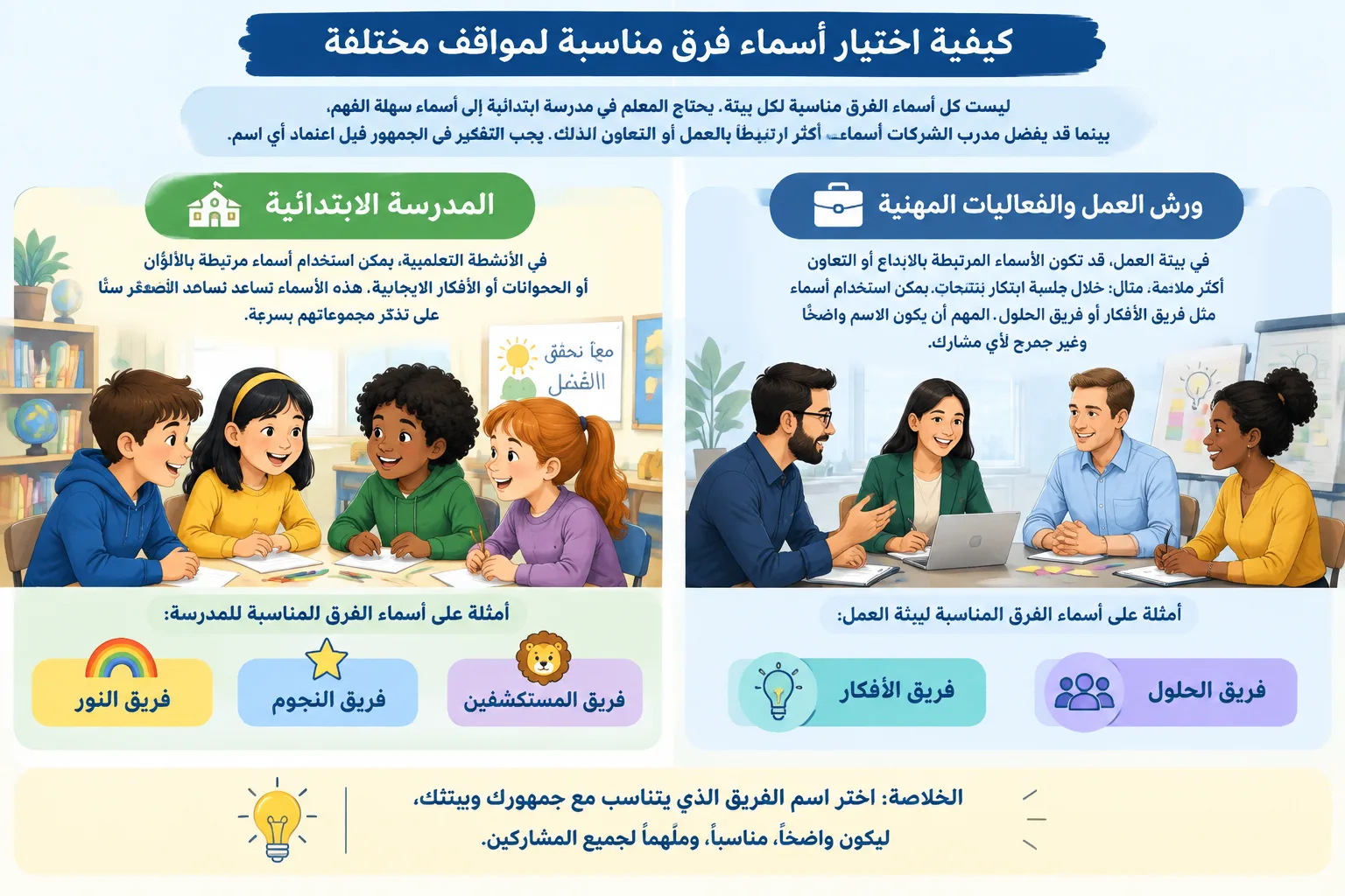 مخطط تعليمي يقارن بين أسماء فرق مناسبة للمدرسة وورش العمل والفعاليات المهنية