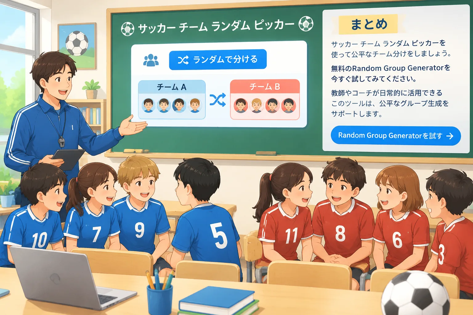 サッカー チームをランダムに生成するイラスト、明るい色使いで教室風