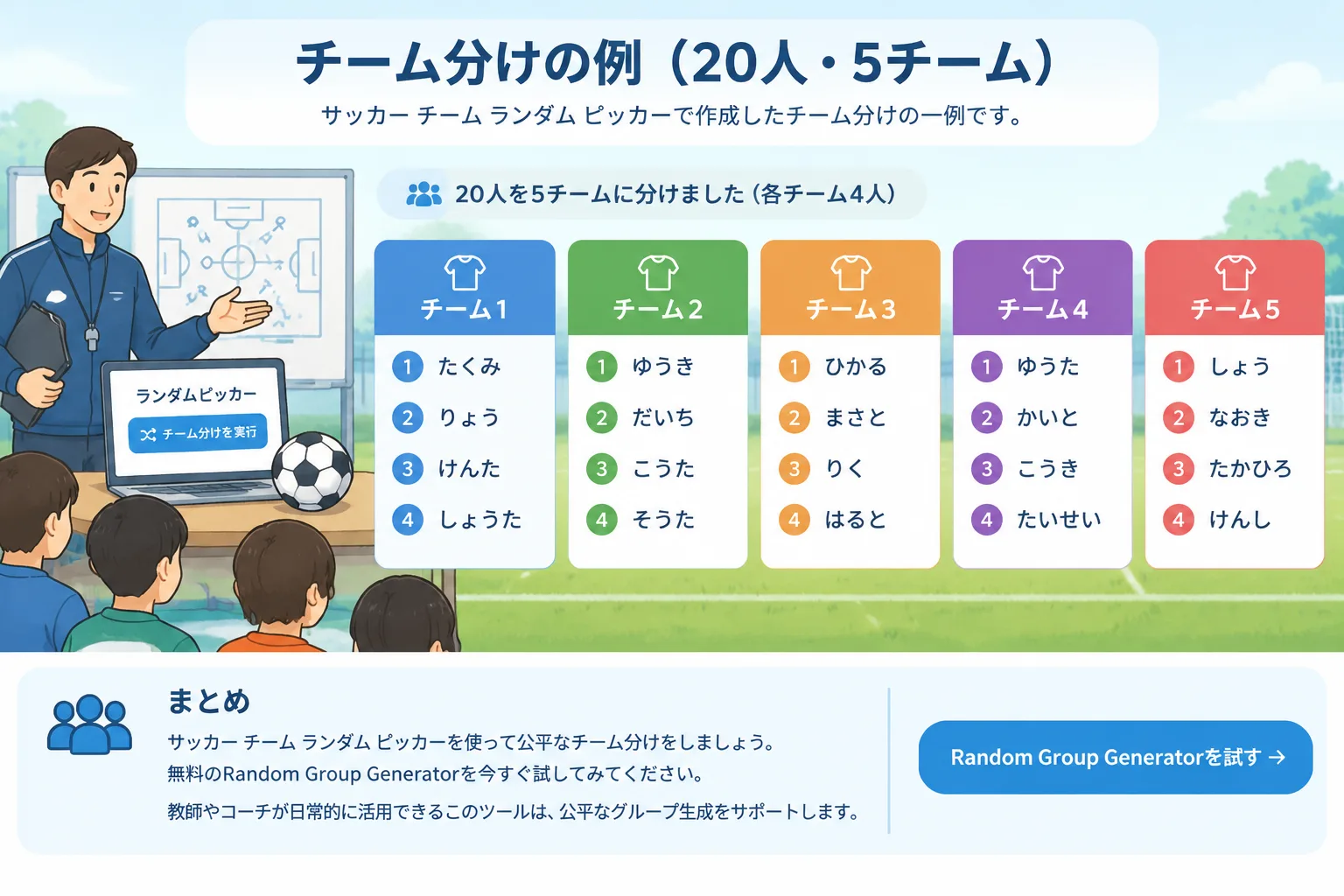 チーム分けの例を示す図、20人5チームの例