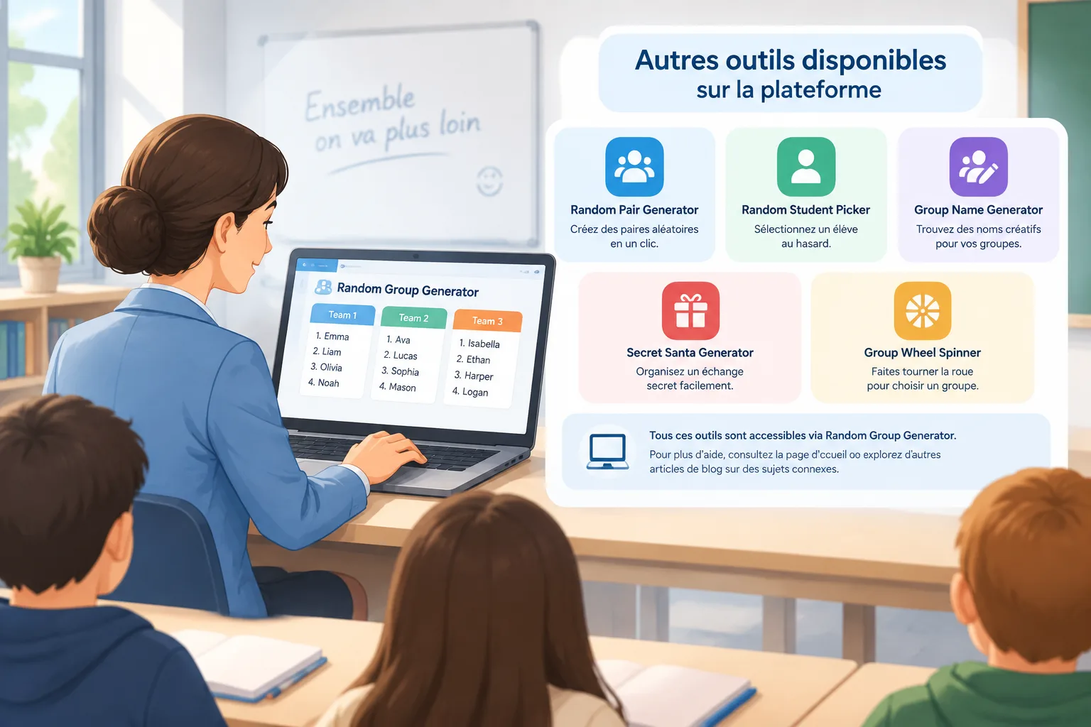 Illustration d'un professeur utilisant un ordinateur pour générer des groupes aléatoires dans une sa