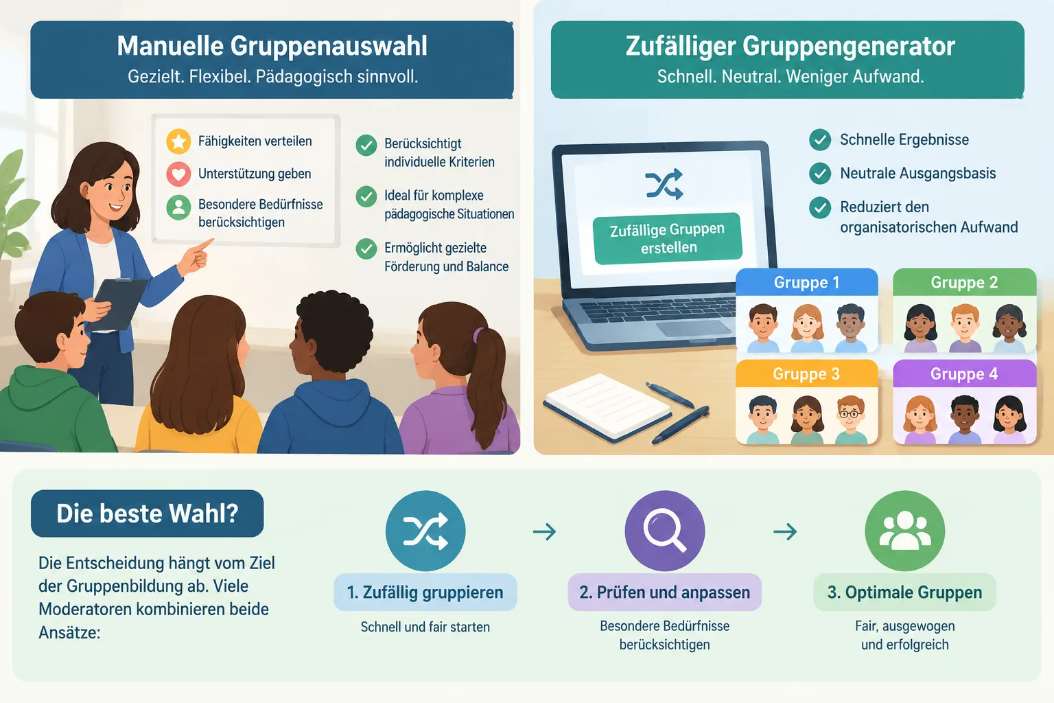 comparison infographic between manual group selection and random group generation
