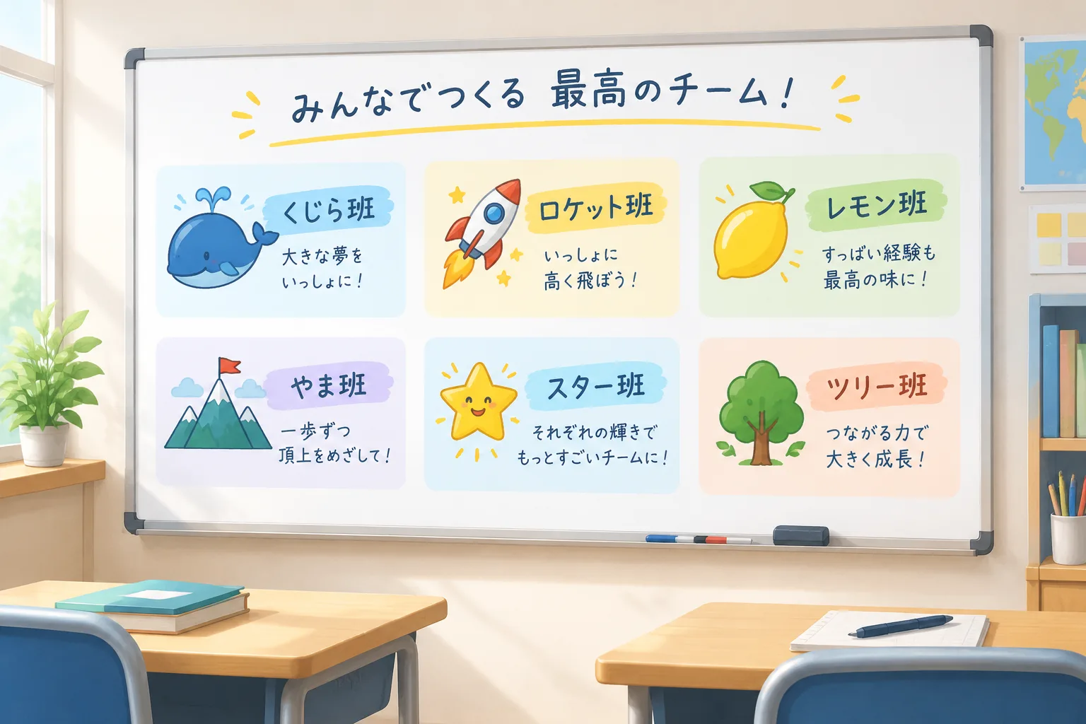 Flat illustration of a bright classroom whiteboard listing six named student groups