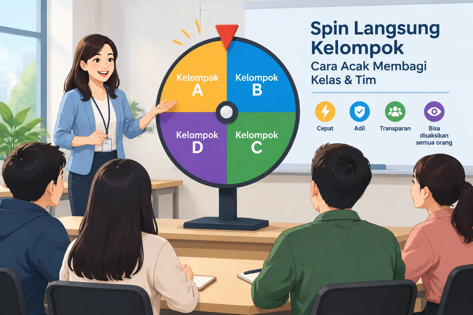 Ilustrasi roda pemutar kelompok dengan potongan berwarna berbeda berlabel Kelompok A hingga D