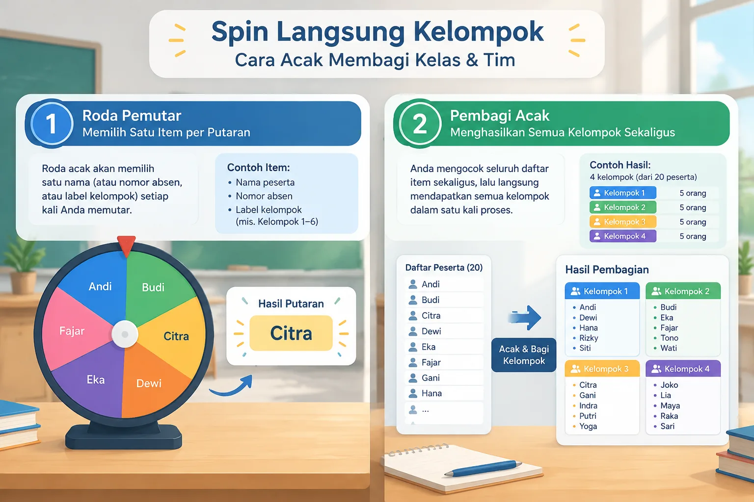 Diagram sederhana membandingkan roda pemutar yang memilih satu nama per putaran dengan pengocok daft