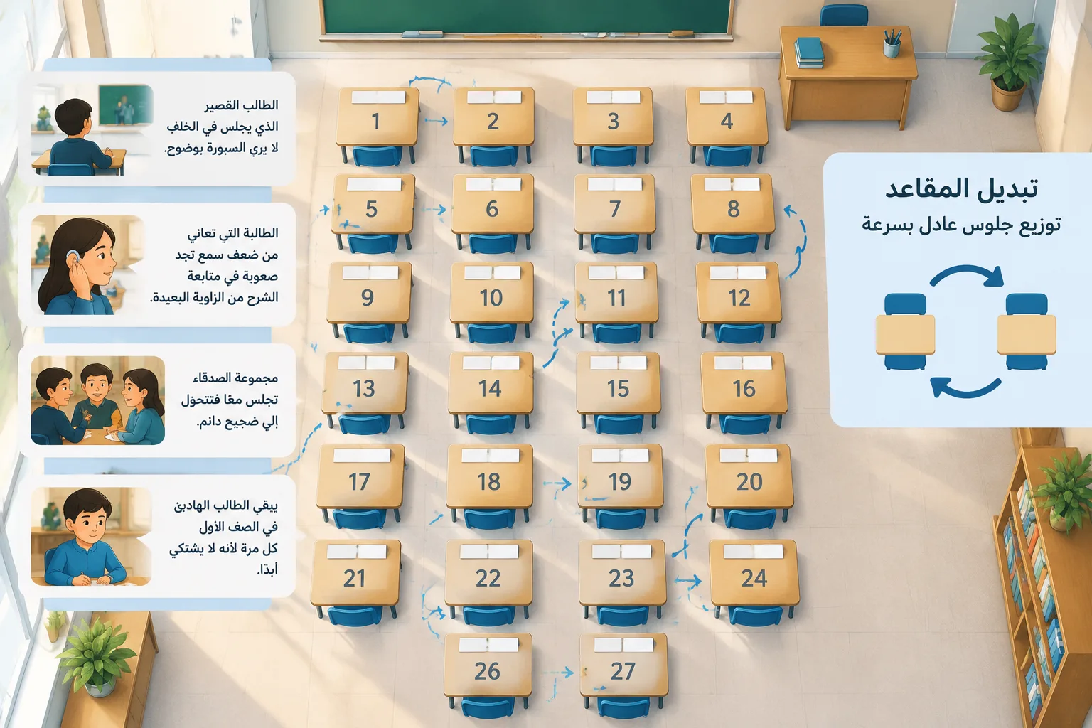Overhead view of a classroom seating grid diagram