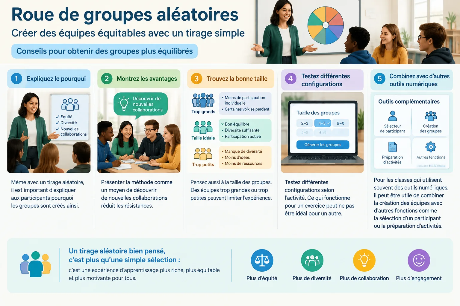 Infographie éducative comparant petits groupes grands groupes et choix aléatoire