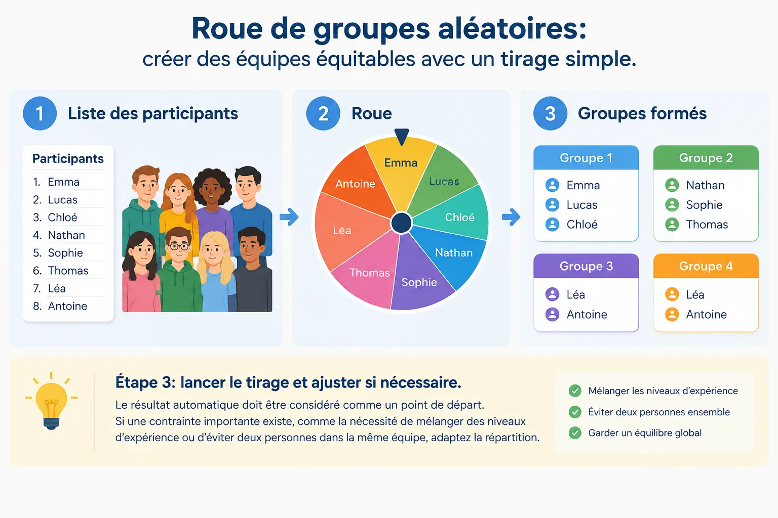Diagramme simple montrant les étapes liste des participants puis roue puis groupes formés