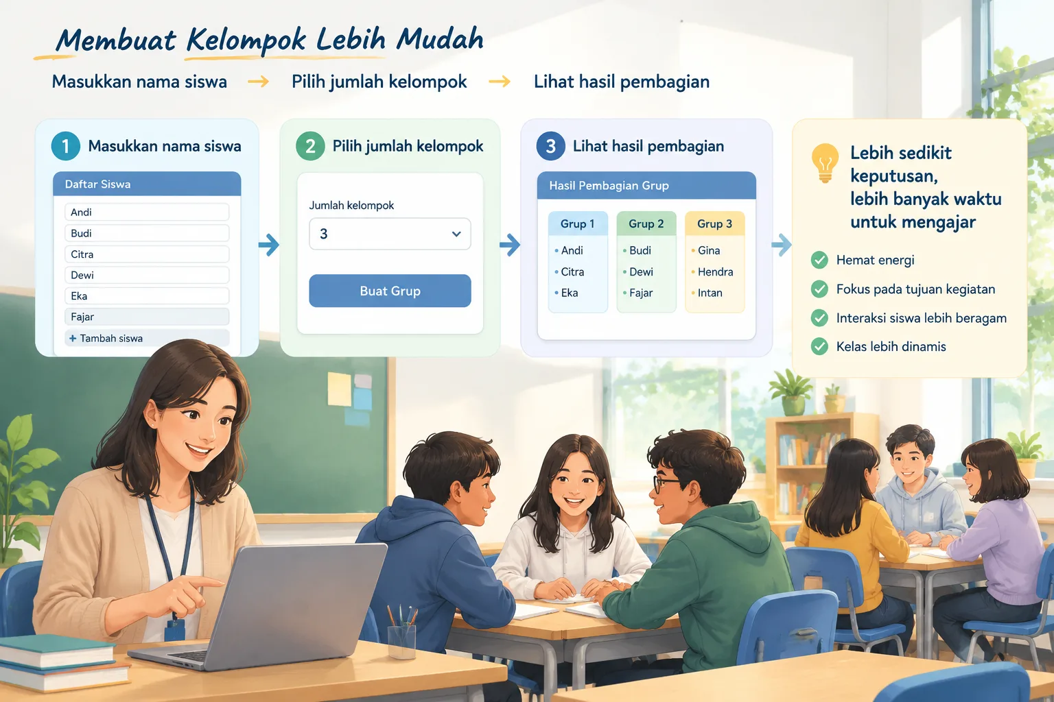 Panduan visual langkah demi langkah memasukkan nama siswa memilih jumlah kelompok dan melihat hasil