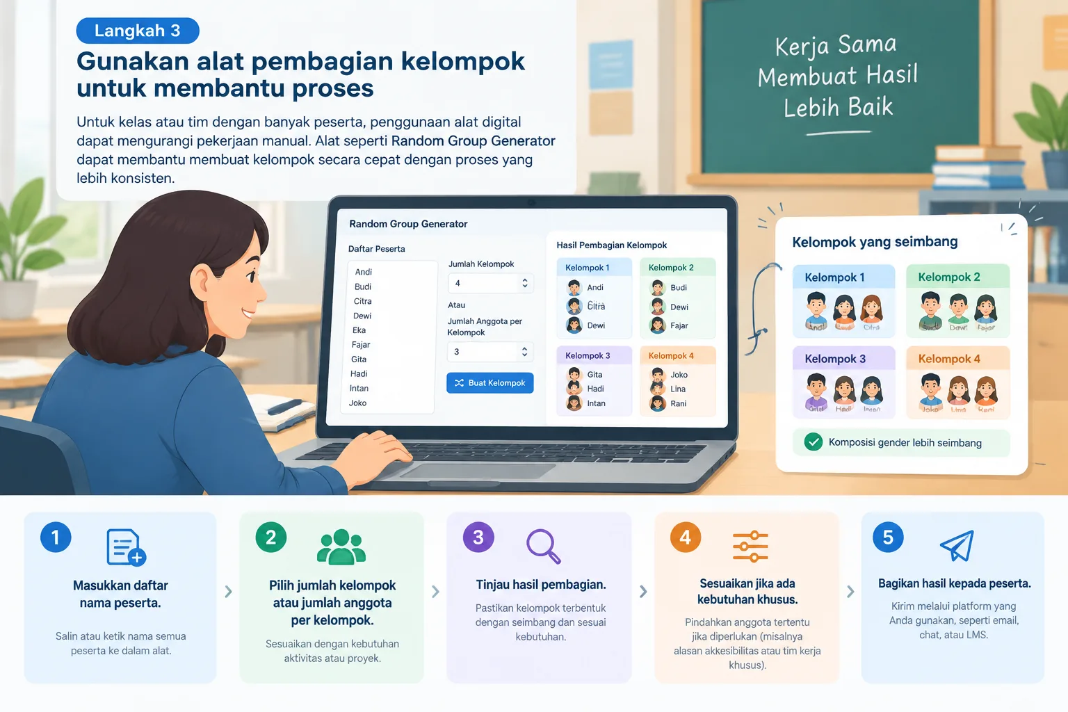 Panduan langkah demi langkah antarmuka netral untuk memasukkan daftar peserta dan membuat kelompok