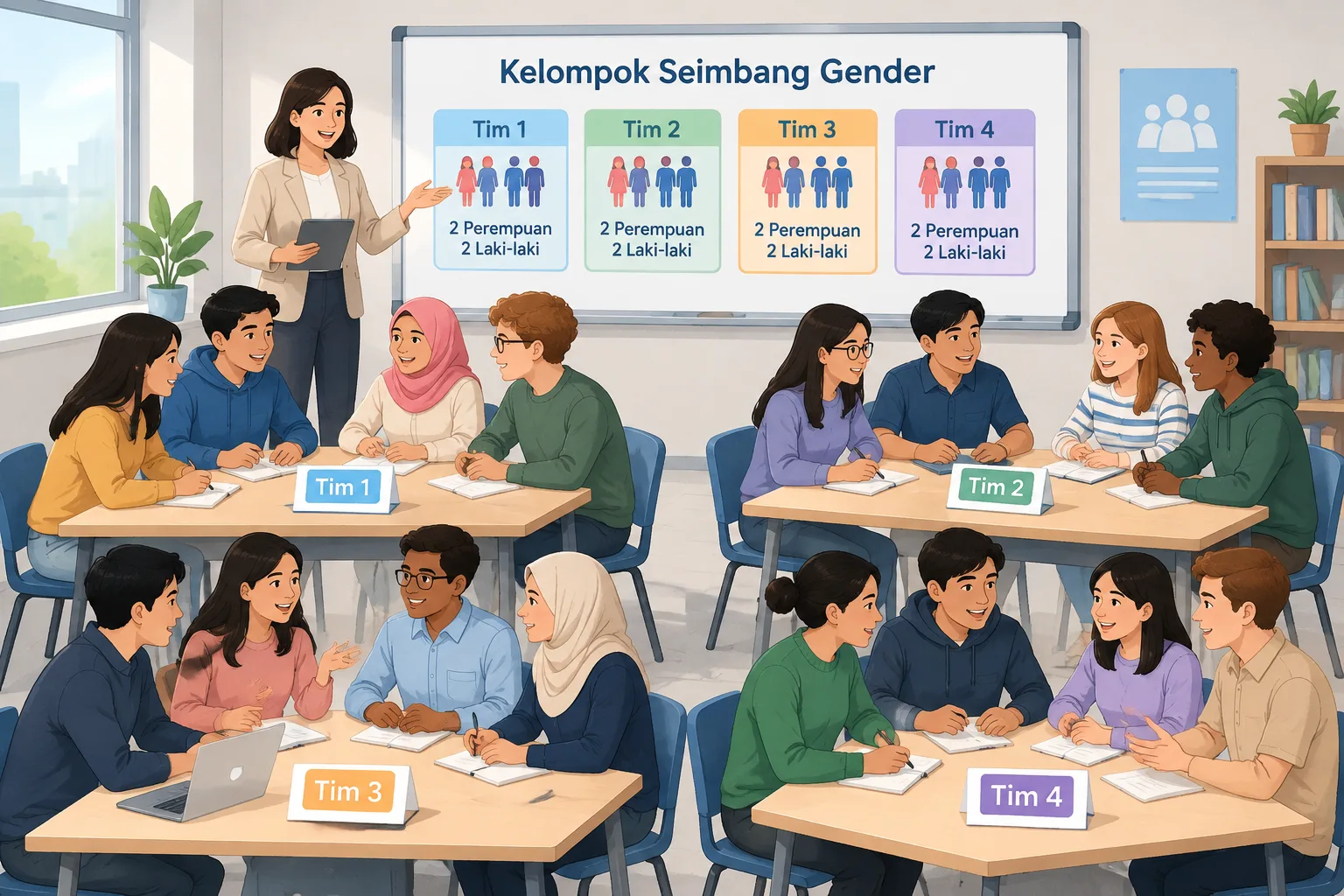 Ilustrasi diagram kelompok seimbang dengan peserta terbagi merata dalam beberapa tim untuk kegiatan