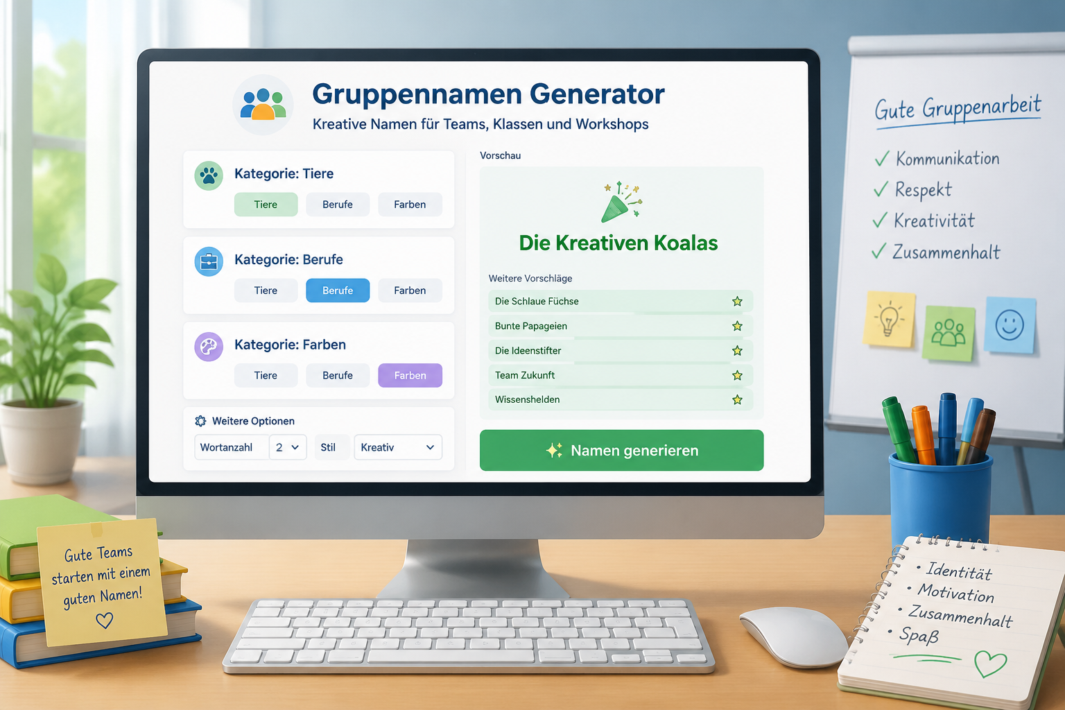 Eine saubere, helle Illustration eines Computerbildschirms mit einer Gruppennamen-Generator-Oberfläche. Auswahlfelder für Kategorien wie Tiere, Berufe und Farben sind sichtbar, daneben ein Button „Namen generieren“.