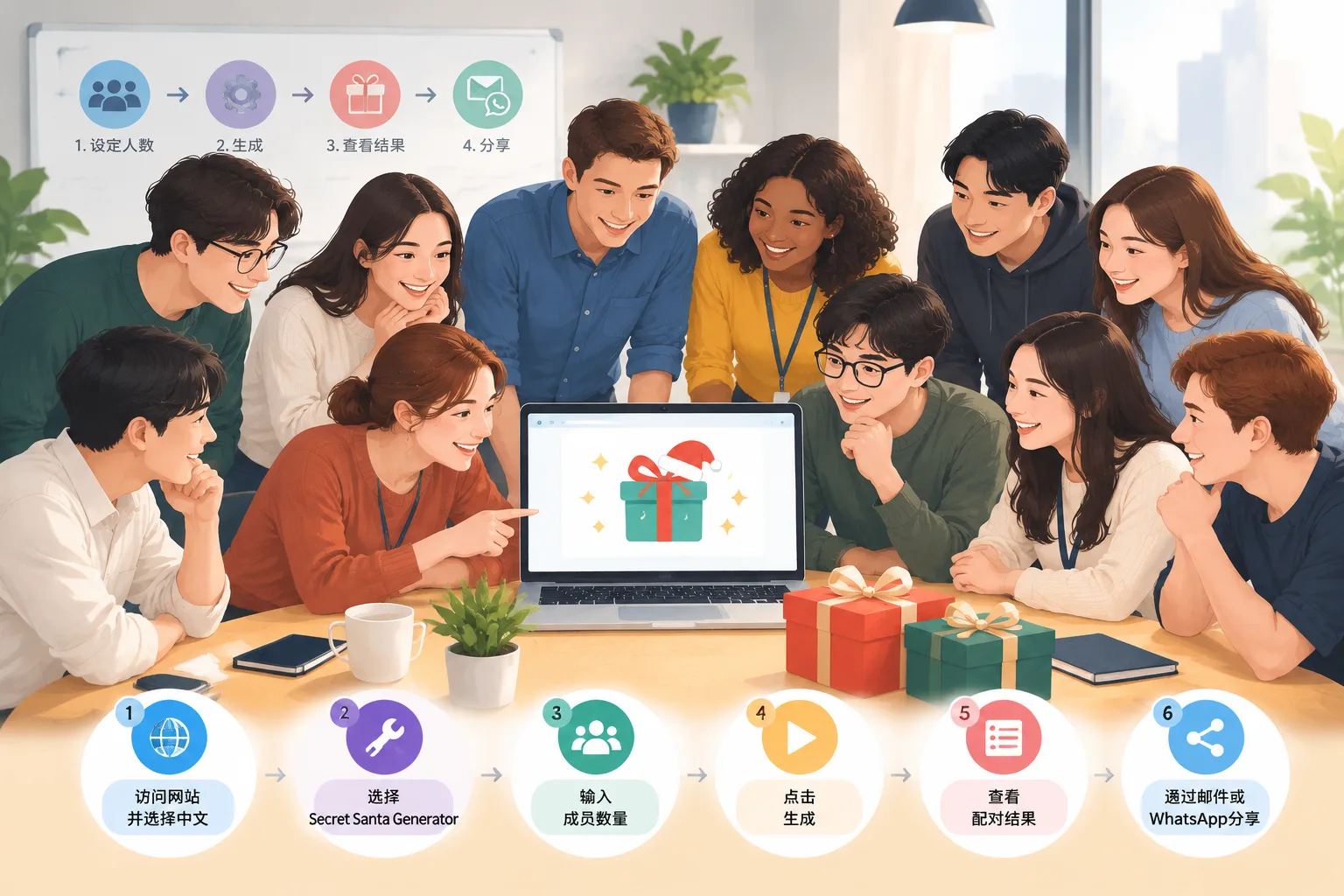 Ilustrasi grup orang besar yang sedang mengelilingi meja dengan ikon generator dan simbol hadiah rah