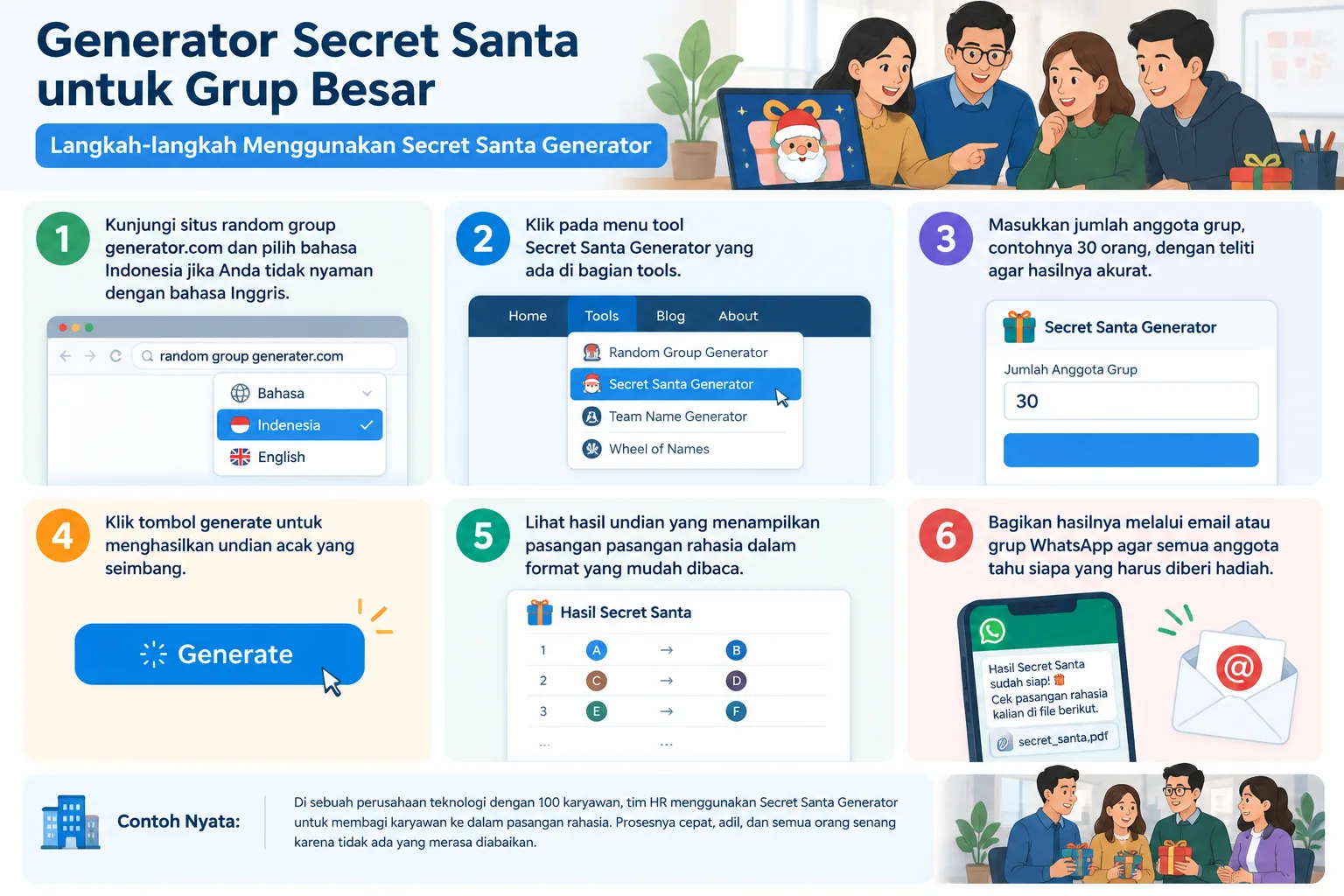 Diagram langkah-langkah menggunakan secret santa generator dengan ikon angka 1 sampai 6
