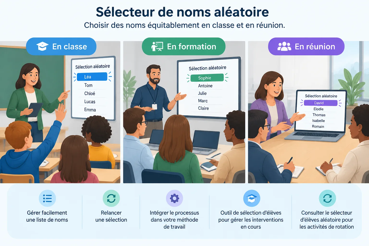 Diagramme simple montrant trois usages d’un sélecteur de noms aléatoire pour classe formation et réu