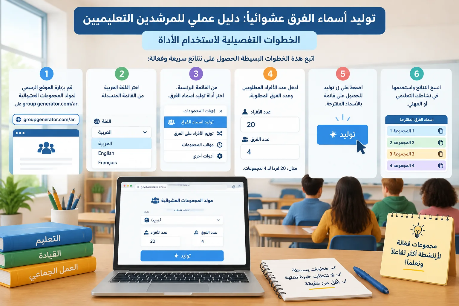 رسم توضيحي لعملية توليد أسماء الفرق العشوائية مع واجهة الموقع