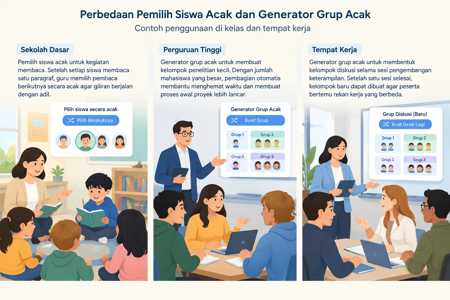 Ilustrasi netral tentang kelas dan lokakarya yang menggunakan sistem pembagian kelompok otomatis unt