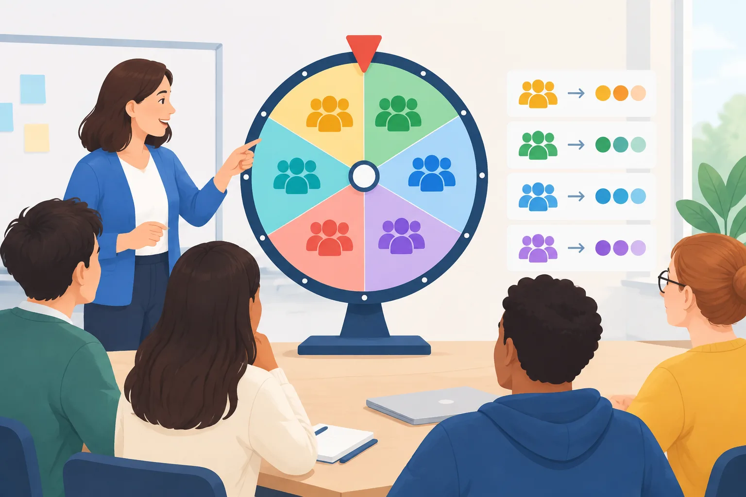illustration pédagogique montrant une roue de tirage divisée en sections avec des groupes de partici