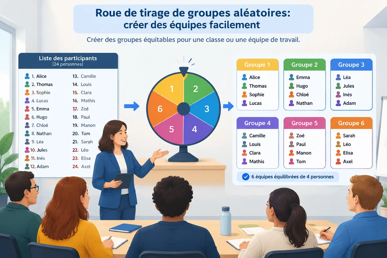 diagramme simple montrant une liste de participants transformée en plusieurs groupes équilibrés pend