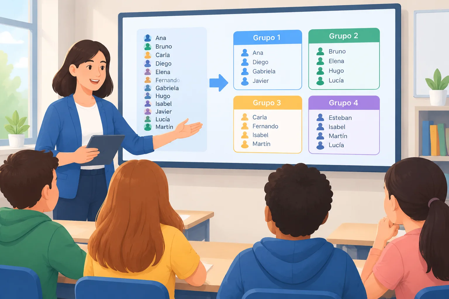 Clean instructional illustration of a teacher screen splitting a list of student names into four bal