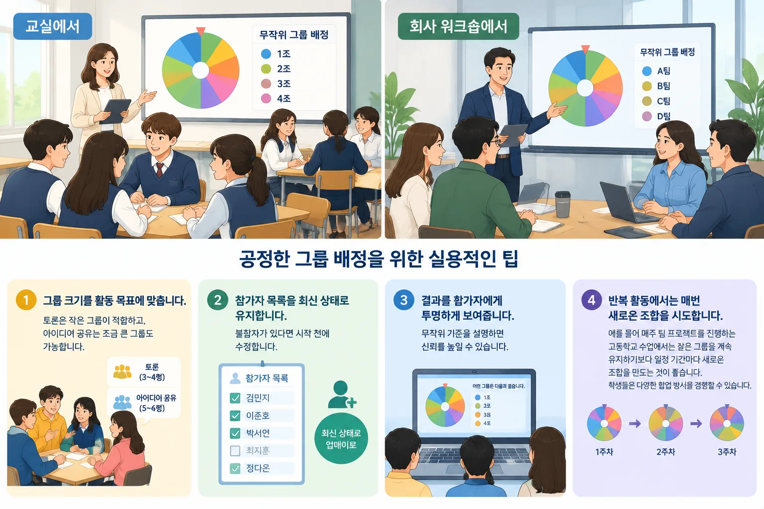 교실과 회사 워크숍에서 무작위 그룹 배정을 사용하는 두 가지 상황을 비교하는 깔끔한 교육 일러스트
