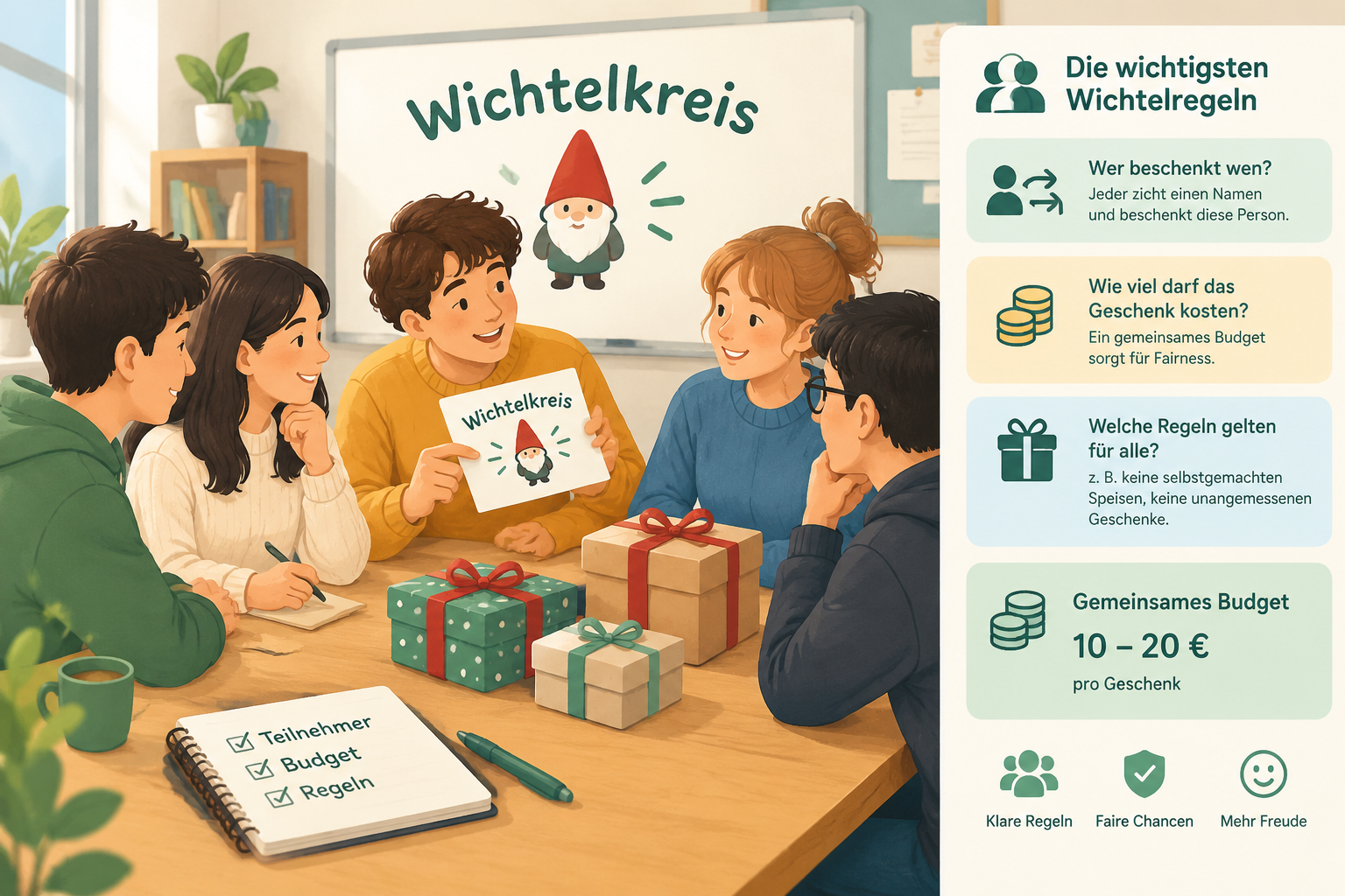 Eine klare Infografik zeigt einen Wichtelkreis mit Teilnehmern