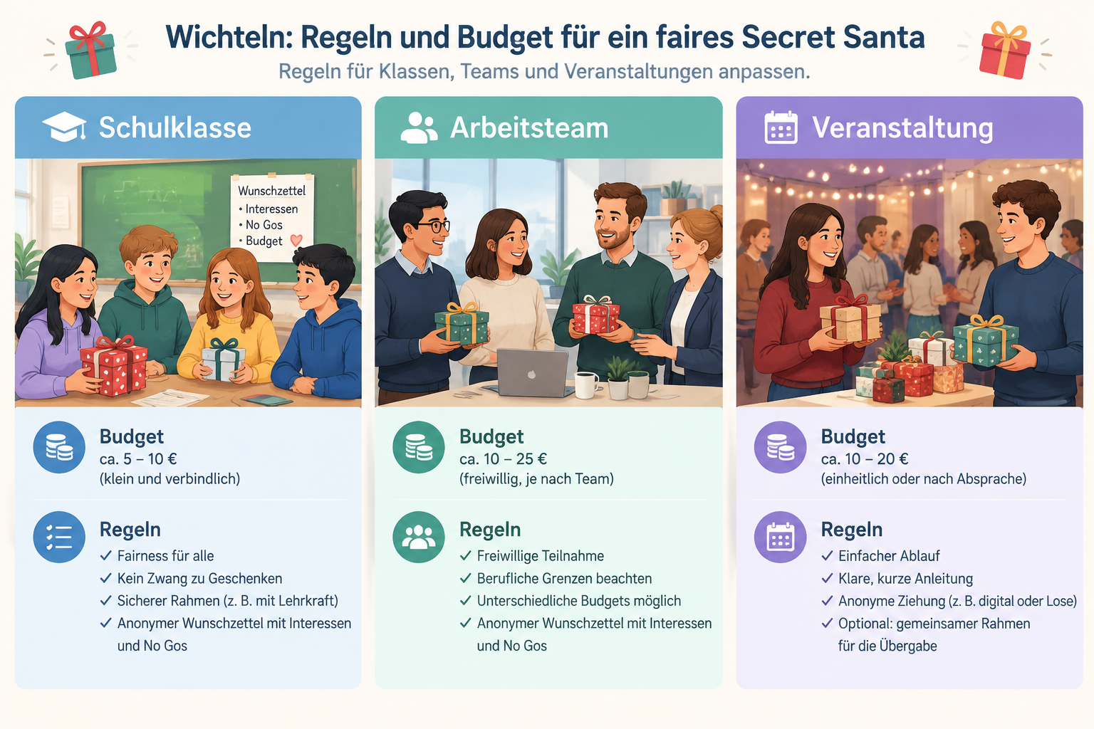 Ein neutraler Vergleich zeigt drei Secret-Santa-Szenarien nebeneinander: Schulklasse