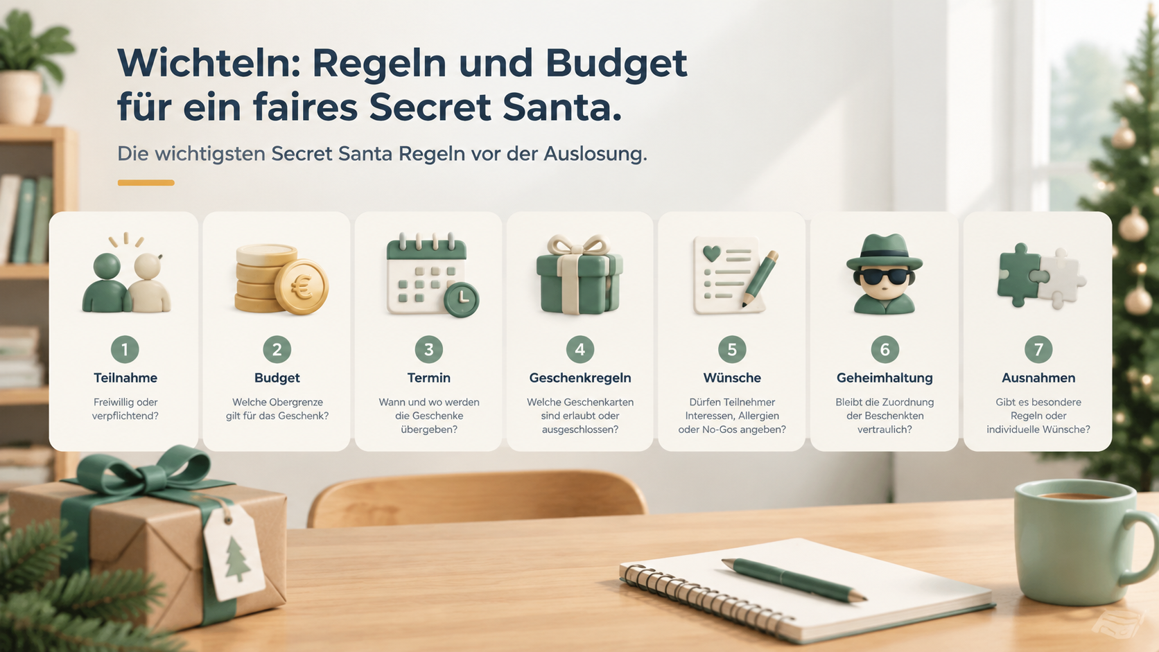 Eine übersichtliche Regelkarte für Secret Santa mit sieben neutralen Symbolen für Teilnahme