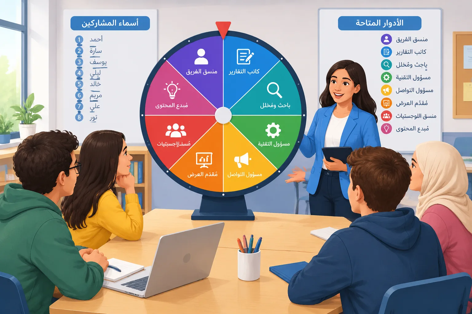 رسم توضيحي لعجلة رقمية تقسم أسماء المشاركين إلى أدوار مختلفة داخل فريق تعليمي أو ورشة عمل