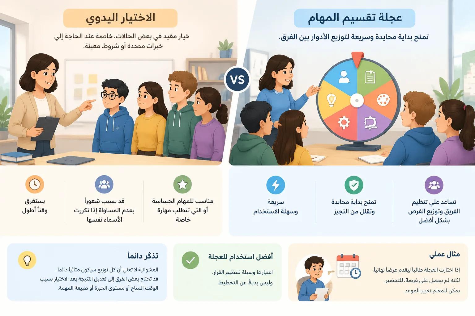 مقارنة بصرية بين توزيع يدوي للمهام وعجلة عشوائية تساعد في تنظيم الفريق
