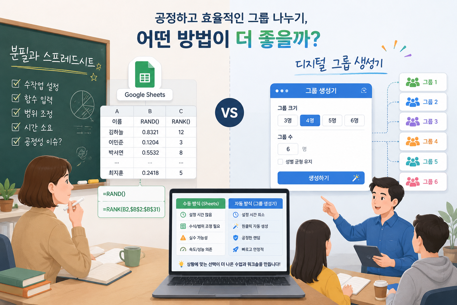 분필과 스프레드시트, 그리고 디지털 그룹 생성기 아이콘이 균형을 이루는 컨셉 일러스트