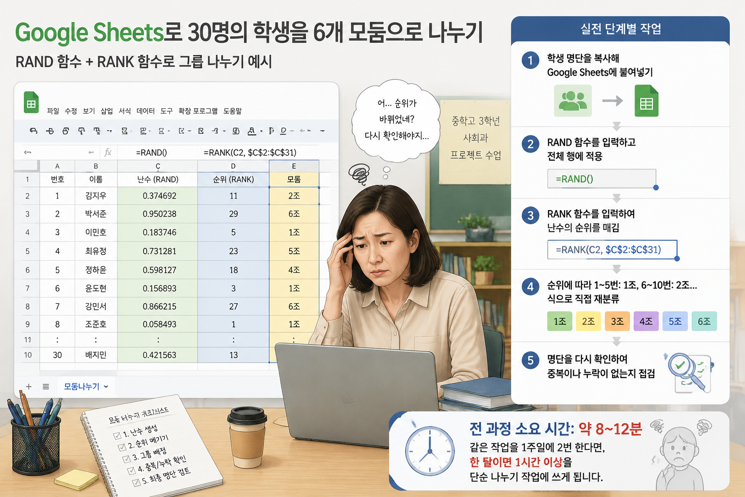 구글 스프레드시트 화면에 RAND 함수와 RANK 함수가 적용된 그룹 나누기 예시, 혼란스러운 느낌