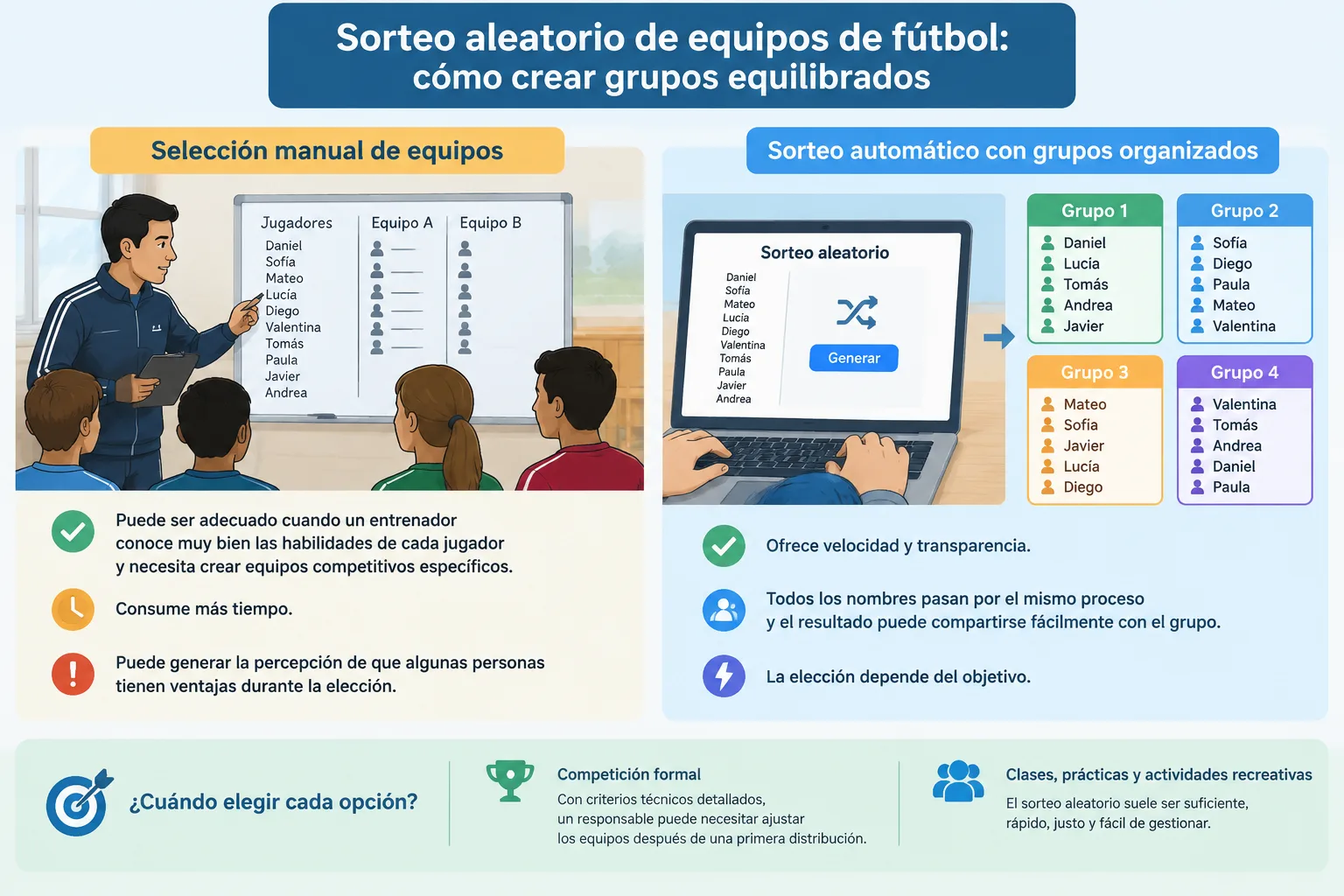 Diagrama limpio que compara selección manual de equipos y sorteo automático con grupos organizados