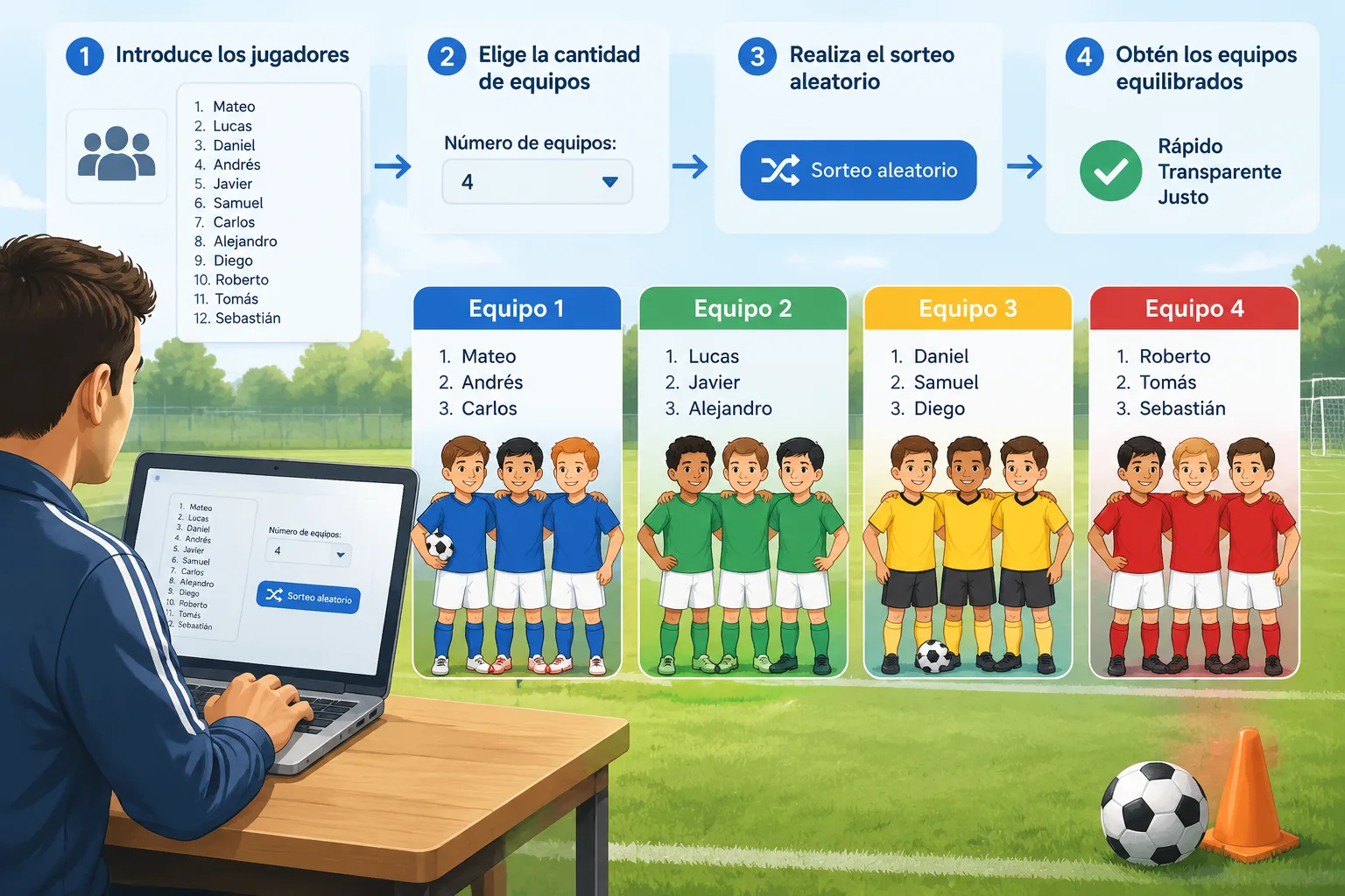 Ilustración educativa de una cuadrícula de jugadores de fútbol distribuidos en equipos mediante un p