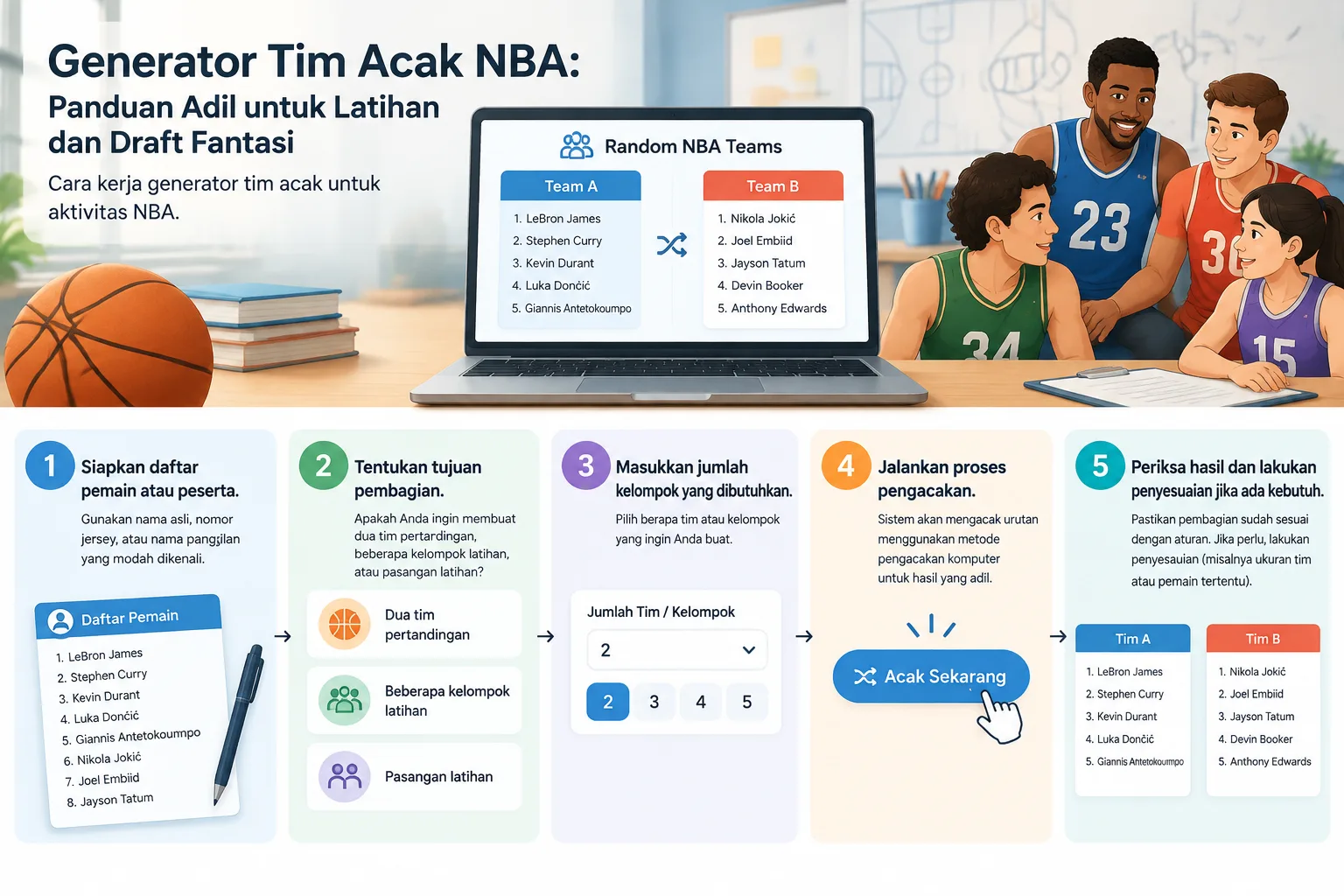 infografik langkah demi langkah memasukkan daftar pemain memilih jumlah tim dan mendapatkan hasil pe