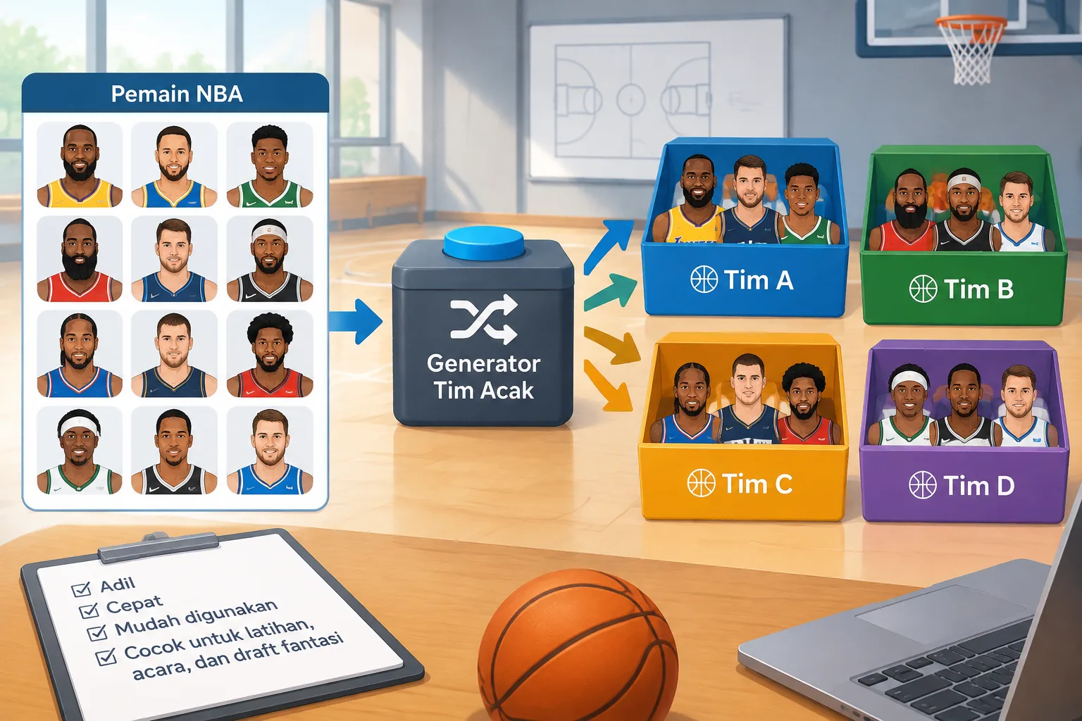 ilustrasi diagram pembagian pemain basket menjadi beberapa tim secara acak menggunakan kotak kelompo